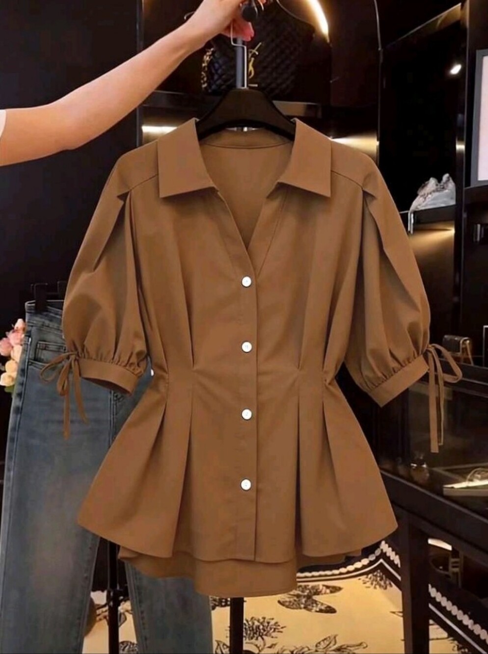 Women Elegant Short Sleeve Blouse T-Shirt, Slim Fit Cinched Waist Puff Sleeve